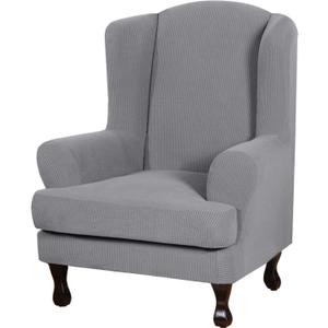 H.VERSAILTEX 2 Piece Stretch Jacquard Wingback Chair Covers Slipcovers Wing Chair Covers (Base Cover Plus Seat Cushion Cover) Furniture Covers for Wingback Chairs, Form Fitted Thick Soft, Dove