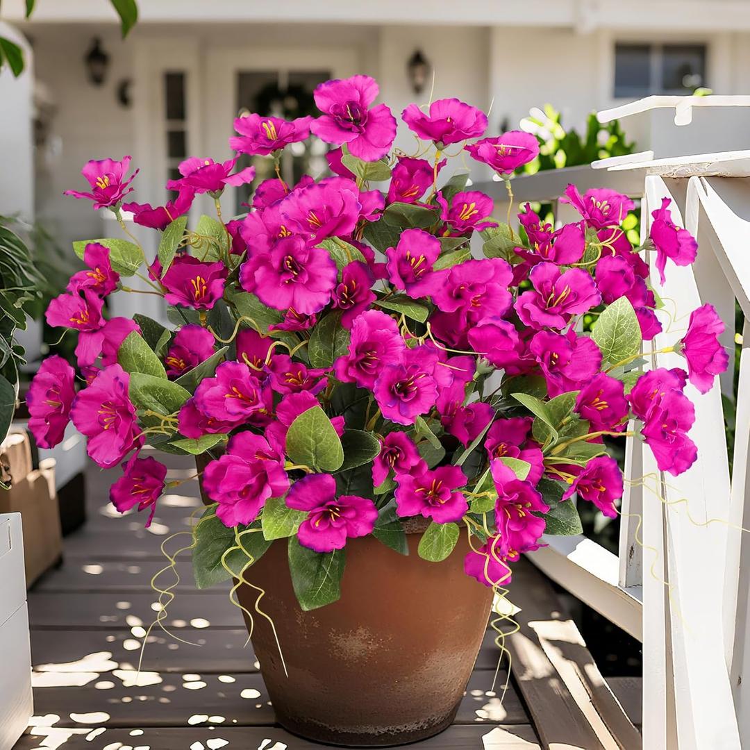 8 Bundles Fake Silk Flowers, Artificial Hibiscus Flowers for Outdoors Realistic UV Resistant Faux Plants for Planters Garden Porch Patio Vase Window Box Home Decoration, Fuchsia