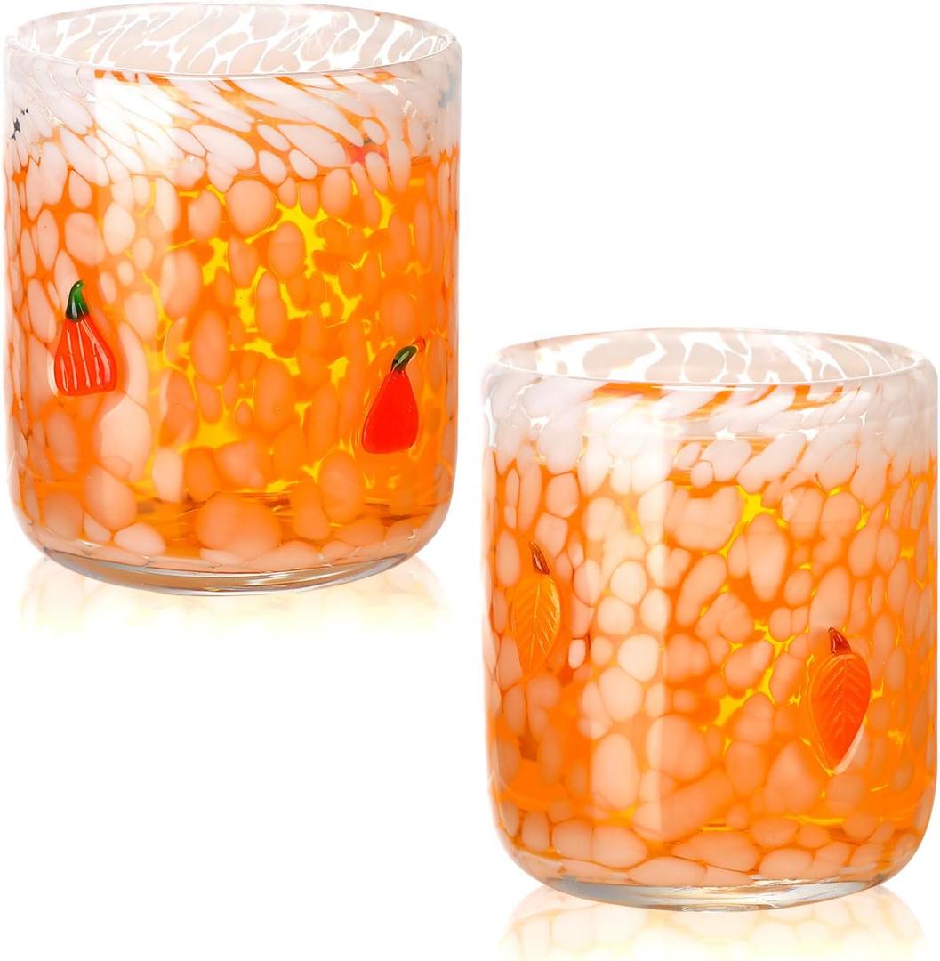 2 Pcs Fall Icon Juice Glass Cups 14 oz Fall Pumpkins Maple Leaves Icon Glasses Drinking Cocktails Whiskey Stemless Glass for Drinkware Home Thanksgiving Autumn Decoration Harvest Party Gift