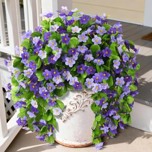 Artificial Fake Hanging Flowers for Outdoors, 2 Pcs Artificial Hanging Plants Outdoors Spring Summer Decor, UV Resistant Faux Violet Silk Flowers for Planters Front Door Yard Garden(Dark Orchid)