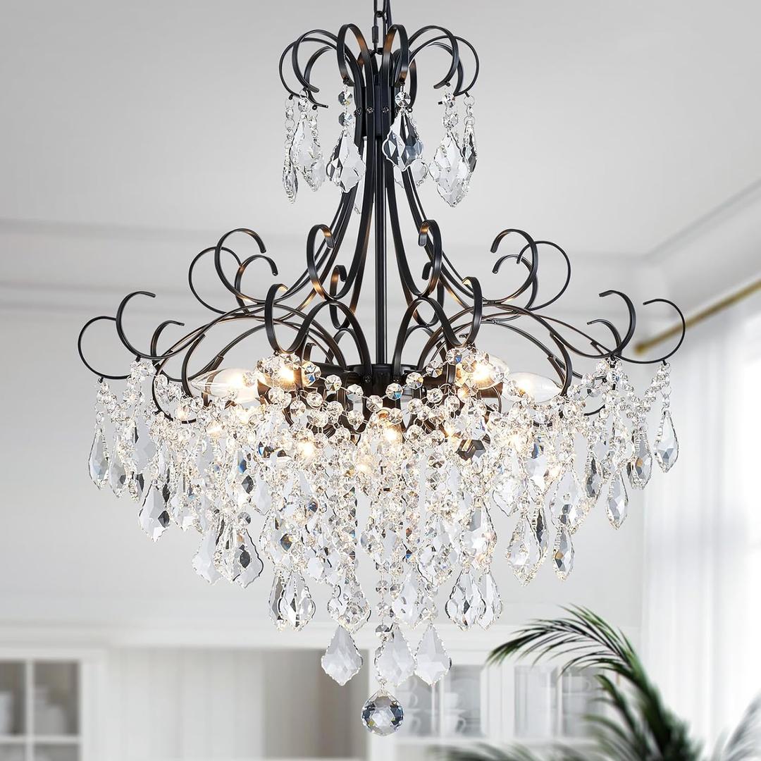 WUZUPS Crystal Chandelier 10-Light Pendant Ceiling Light Modern Lighting Fixture for Dining Room Hallway Bedroom Kitchen Bathroom, H 27.6" x W 22.8", E12 Base, Black