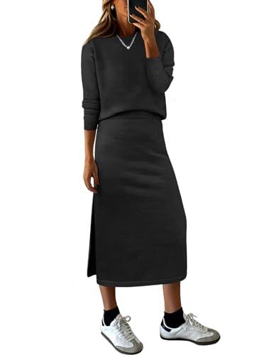 Women 2 Piece Outfits Striped Sweater Skirt Sets Fall Casual Long Sleeve Pullover Top Lounge Travel Midi Dress (Small, Beige Black)