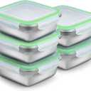 5 Pack Sandwich Containers, 24oz Stainless Steel Sandwich Box with Airtight Lids, Reusable Metal Meal Prep Lunch Boxes, BPA-Free, Dishwasher Safe, Food Storage Containers for Families (Green)