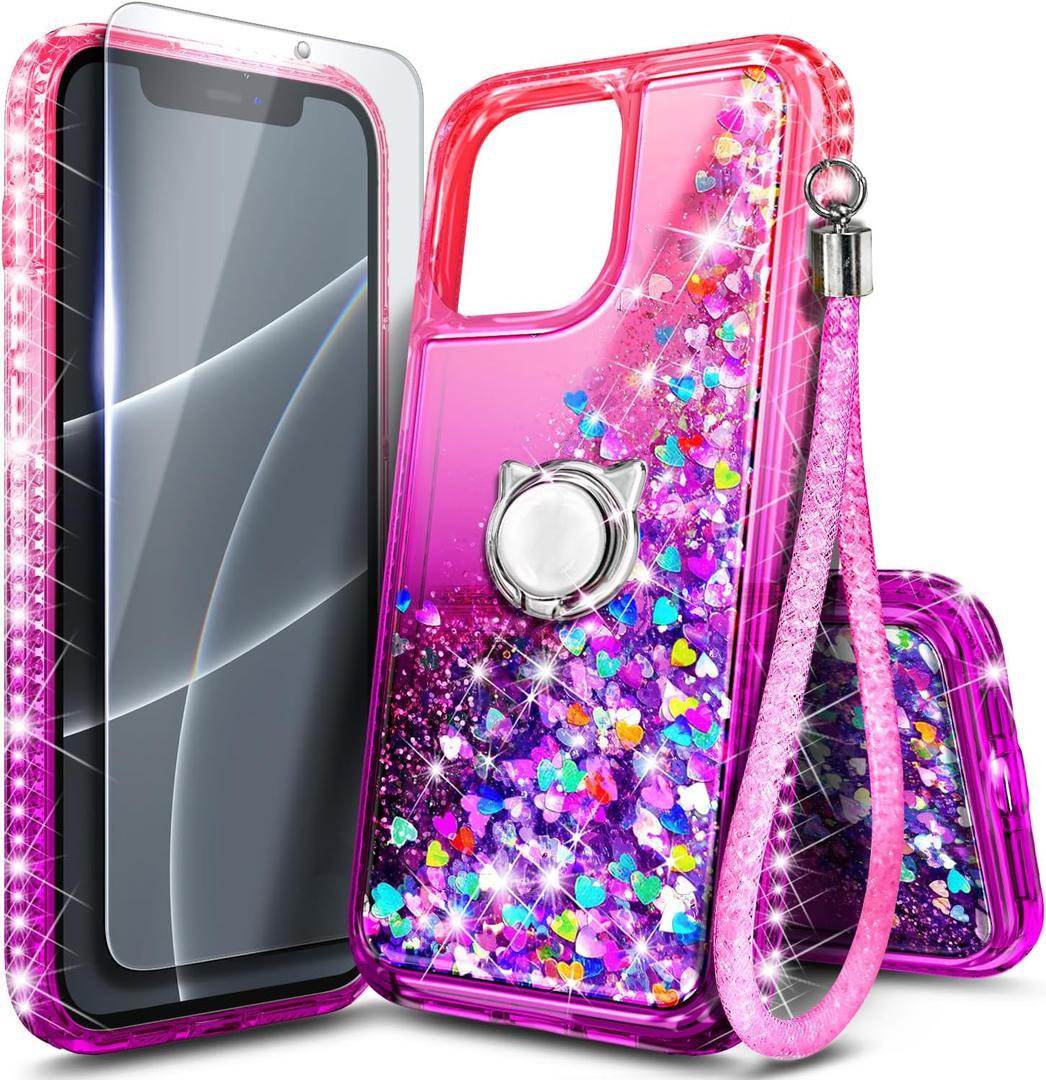 NGB Designed for iPhone 11 Phone Case, Pink/Purple | Glitter Liquid Sparkle Cute Cover for Women Girls Kids | with Tempered Glass Screen Protector & Ring Holder & Wrist Strap