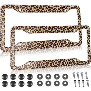 Leopard Cheetah Print License Plate Frames Covers Holder Brown Leopard Print Car Tag Frame Covers Holder Aluminum Metal 4 Holes 2 Pcs Set Decorative for Women Vehicles
