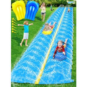 iGeeKid 45Ft Huge Slip and Water Slide with Sprinkler, Heavy Duty Lawn Waterslide for Kids Adults, Extra Long Double Lane Water Toys n Slides with 2 Bodyboards Backyard Lawn Summer Outdoor Water Toys