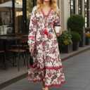 Sunny Spirit Womens Maxi Boho Dresses Floral Print Summer V Neck 2025 Flowy Tassel Long Casual Dress with Long Puff Sleeves (M)