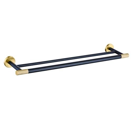 24 Inch Black and Gold Double Towel Bar, Rust-Resistant 304 Stainless Steel with Solid Brass Knurled Accents, Wall-Mounted for Bathroom & Shower