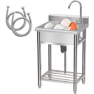 Stainless Steel Kitchen Sink, Free Standing Single Bowl Sink,Commercial Utility Sink with Faucet and Storage Shelve for Laundry Room, Kitchen, Garage, Bathroom, 23" Sink