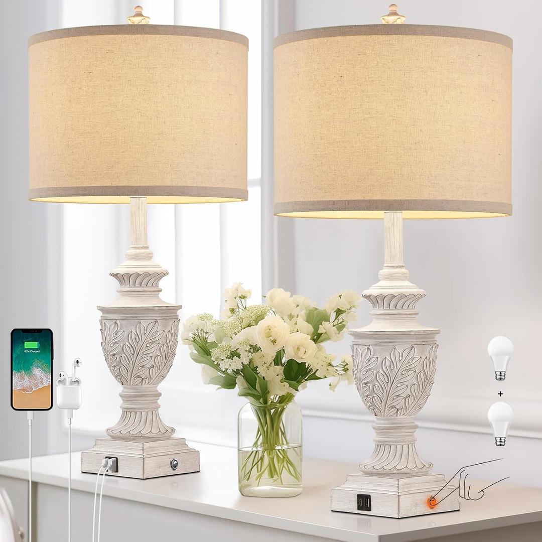 Farmhouse 3Way Dimmable Touch Table Lamp Set of 2 for Bedroom Living Room with USB A+C Charging Ports 28" Tall Rustic Traditional Nightstand Bedside Lamps White End Table Lamp (2 Bulbs Included)