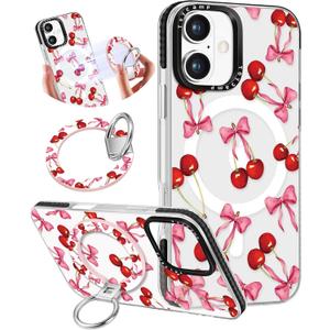 Toycamp for iPhone 17 Case Compatible with Magsafe - for Women Girls Cute Design 360 Magnetic Ring Holder Stand Kickstand Cherry Bow Girly Funny Fashion Pretty TPU Aesthetic Teen Phone Cover