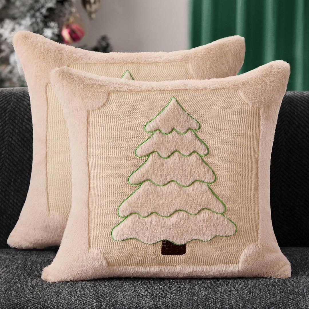 DFXSZ Christmas Pillow Covers 18x18 Yellow Line Beige Christmas Tree Decoration Soft Plush Faux Fur Jacquard Throw Pillows for Bedroom Sofa Holiday Festivals Winter Home Decor PTK062C18