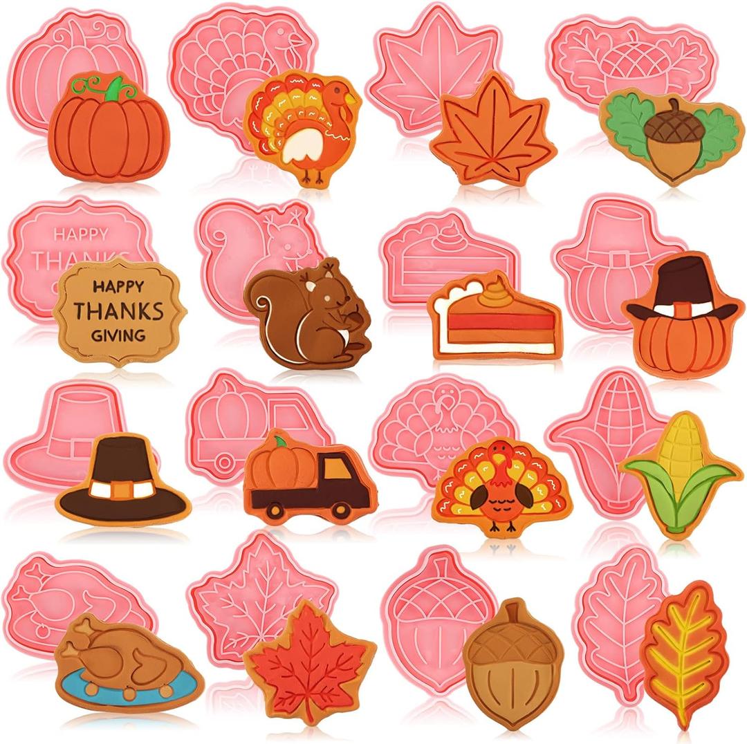 Hoolerry 16 Pcs Thanksgiving Cookie Cutter with Plunger Stamp Set Fall 3D Biscuit Cutter Pastry Fondant Embossing Maple Leaf Turkey Pumpkin Mold for Baking Supplies