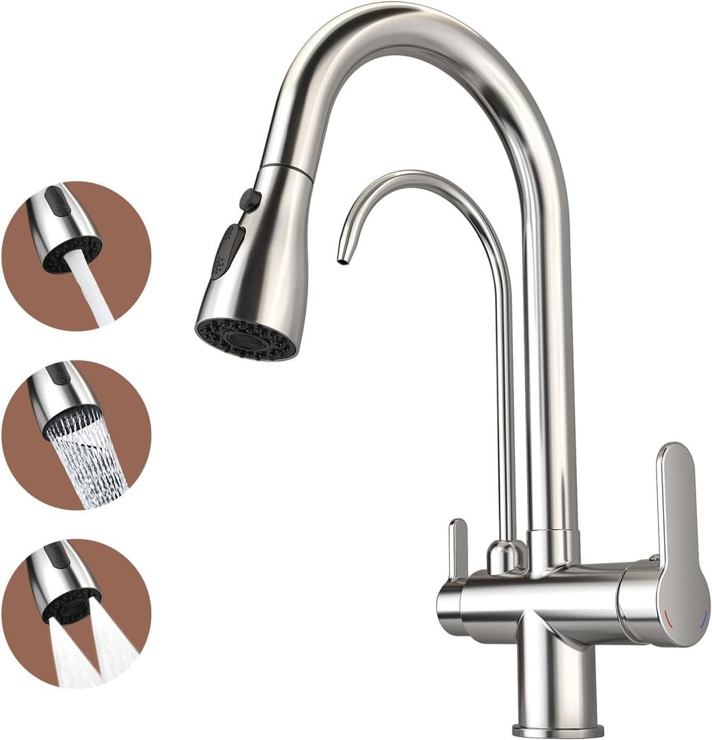 Kitchen Sink Faucet with Pull - Down Sprayer, 2 - Handle 3 - in - 1 Kitchen Sink Filter Faucet, Cold and Hot Mixer Drinking Water Faucet (3-in-1 Filter Faucet, Chrome)