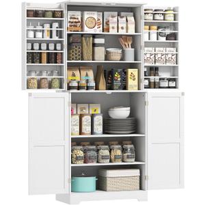 HOMCOM 72" Farmhouse Kitchen Pantry Cabinet, Freestanding Tall Storage Cabinet with 4 Barn Doors, 4 Adjustable Shelves and 8 Door Shelves, Embossed White Wood Grain