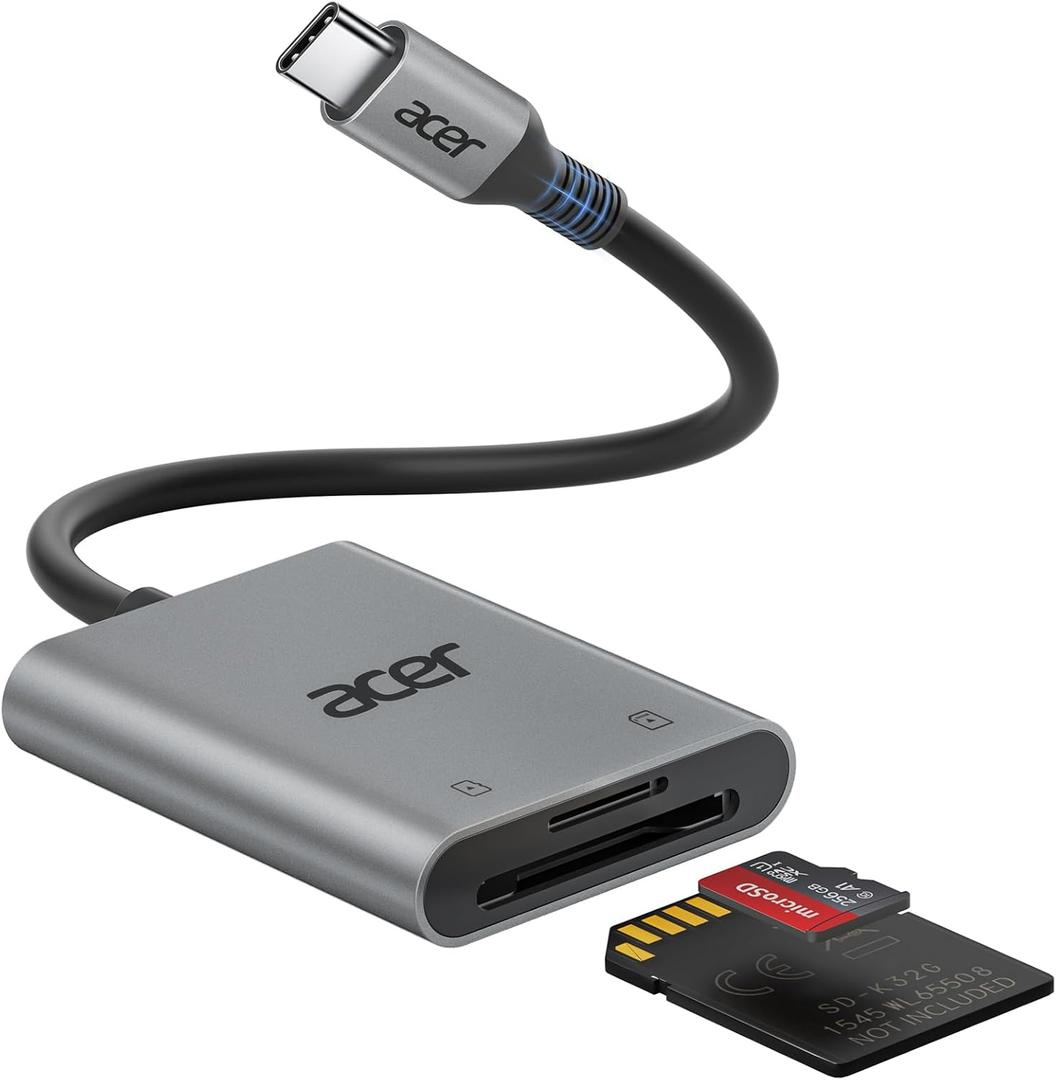 Acer SD Card Reader USB C, Dual Slots Type C to Memory Card Reader, Aluminum Micro SD Card Camera Adapter for MicroSD, SDHC, SDXC, Compatible with iPhone17/16/15, MacBook Neo/Pro/Air, iPad, Laptop