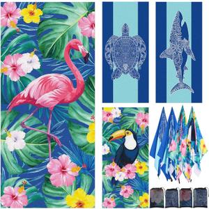 4 Pack Microfiber Beach Towels Sand Free Quick Dry Absorbent Thin Lightweight Beach Towels 71" x 32" for Swimming Pool Camping Beach Vacation Accessories (Turtle Shark Flamingo Toucan)