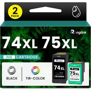 74 75 Ink Cartridges Combo Pack Replacement for HP 74XL 75XL Ink Cartridge for Photosmart C4280 C4250 DeskJet D4260 D4280 OfficeJet J5780 J6480 Printer Ink 74/75, 1 Black CB336WN, 1 Tri-Color CB338WN
