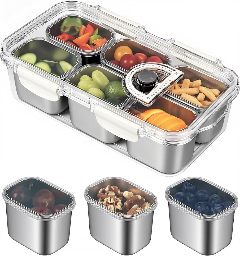 Snackle Box Container, Stainless Steel Portable Snack Containers with Lids, 6 Compartment Divided Serving Tray, Clear Storage Organizer for Fruit Candy Nuts Veggie, Perfect for Road Travel Party