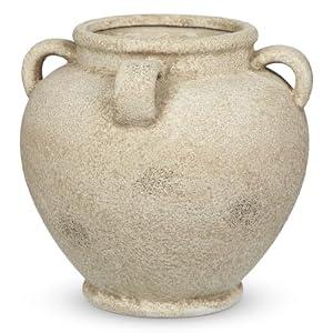 Rustic Ceramic Vase with Handles – Antique-Style Beige Farmhouse Pottery Decorative Urn for Table Centerpiece, Mantel, Shelf, or Entryway Home Décor
