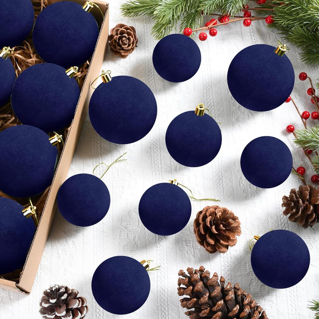 24 Pcs Velvet Christmas Ball Ornaments, 3 Sizes Flocked Plastic Balls Xmas Hanging Decorations Multicolor Christmas Tree Balls for Xmas Tree Home Party Supplies (Blue)