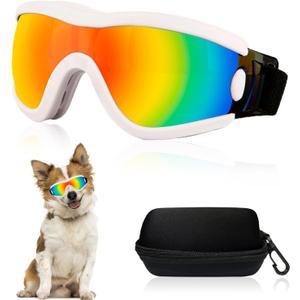 Dog Goggles Small Breed Dog Sunglasses with Adjustable for UV Protection Eyewear Doggy Doggie Puppy Glasses Anti-Fog Wind Dust Snowproof (White Frame Red Lens)