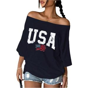 SOLY HUX Women's Graphic Tees Off The Shoulder Letter Print Oversized T Shirt Half Sleeve Casual Summer Tops (Blue, L)