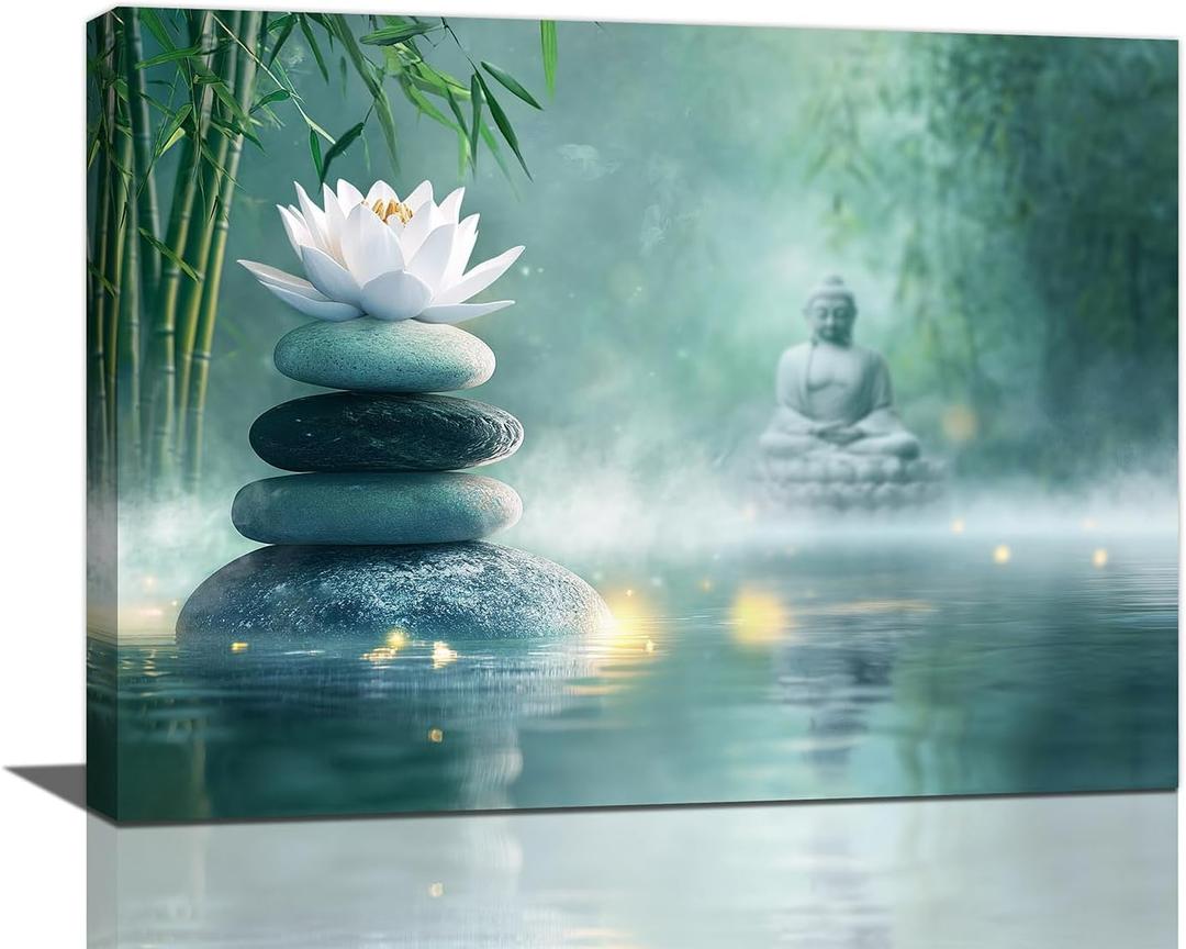 Olivine Zen Decor Wall Art, Lotus Pictures Wall Decor, Stones Flower Bloom Canvas Prints Painting, Framed Artwork for Meditation Bathroom Bedroom Living Room Office Home Decoration 16"x12"