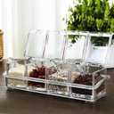 Clear Seasoning Box, 4 Spice Jars, Condiment Containers with Lids, 4 Pcs Spoons, 1 Pcs Tray, Seasoning Organizer for Salt, Sugar, Cardamom, Cinnamon, Cloves, Mustard, Nutmeg, Pepper, and Turmeric