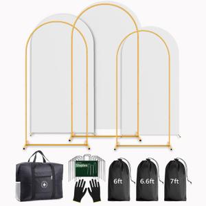 Arch Backdrop Stand and Cover Set (7.2ft,6.6ft,6ft) Metal Arch Frame Stand Gold, Wedding Birthday Party Baby Shower Graduation (White, 7.2Ft+6.6Ft+6Ft)