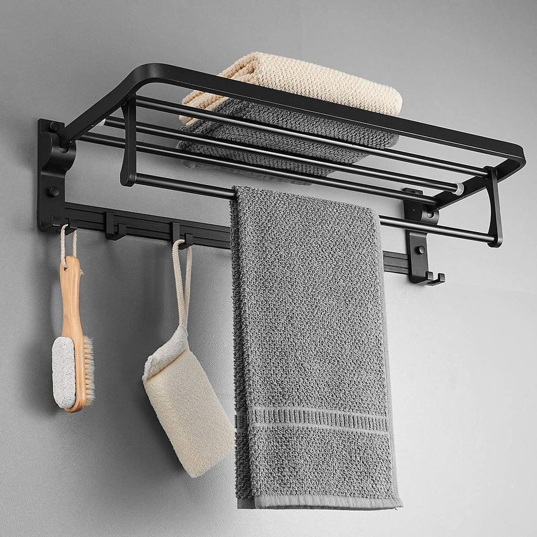MUSTORN Towel Rack Wall Mount for Bathroom with Towel Bar and Hooks 23.6 in Foldable Towel Shelf Lavatory Towel Organizer Matte Black