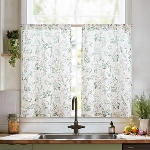 jinchan Spring Floral Kitchen Curtains Over Sink Farmhouse Linen Tier Curtains 24 Inch Length Cafe for Living Room Bathroom Botanical Small Drapes Rustic Light Filtering Rod Pocket 2 Panels Green