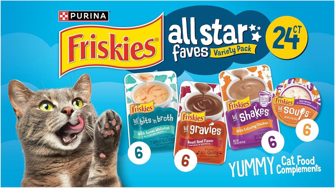 Purina Friskies All-Star Faves Soups, Broth and Gravy Cat Food Complement Wet Cat Food Variety Pack - 24 ct. Box (BB: September 2025)