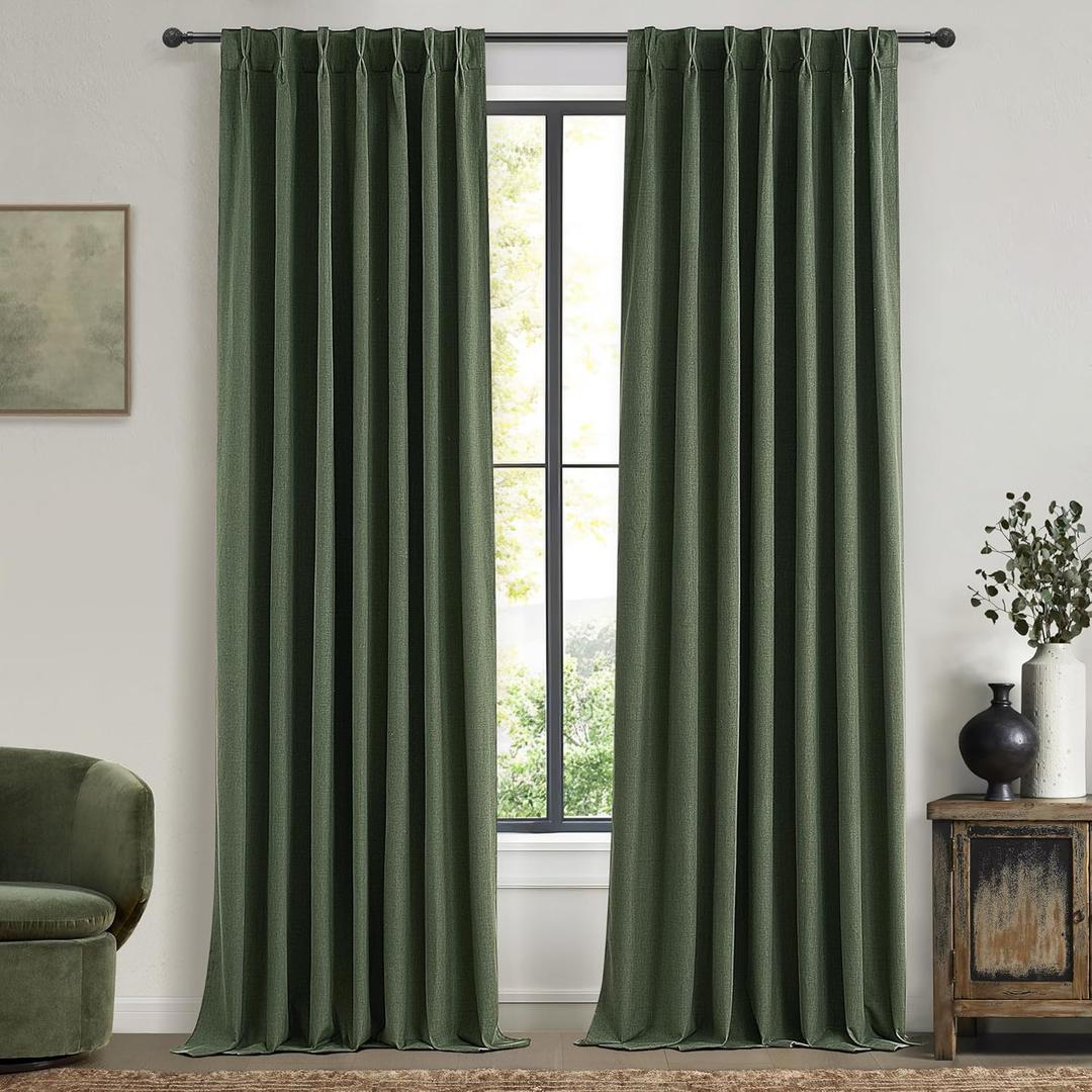 Extra Long Curtain Panels 96 Inches Long Window Curtains & Drapes for Living Room 2 Panels Set Organic Basics Backout Curtains Linen Pinch Pleated for Traverse Rods Dark Academia Olive Green (Loden)