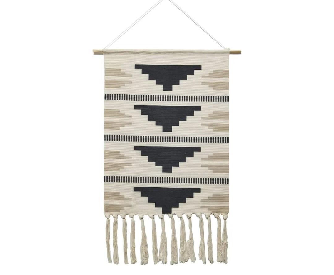 Macrame Woven Wall Tapestry Hanging Art, 20"x34" Extra Large Boho Chic Bohemian Morocco Black White Pyramid Geometric Tapestries Decor for Apartment Dorm Kids Living Bedroom Door Entrance Decoration