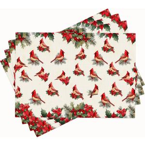 Red Cardinal Bird Placemats Set of 4 Christmas Poinsettia Place Mats Table Mats for Kitchen Dining Restaurant Decoration for Table Decor Home Party 4 PCS 12x18 Inch