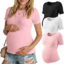 3 Pack Women's Maternity Ribbed Shirts Cotton Short Sleeve Pregnancy Tops Boat Neck Lettuce Trim Mama Clothes, S