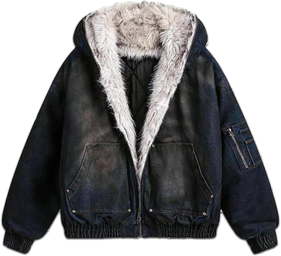 thesupermade Fur Hoodie Jacket Teen Zip Up Lined Thicken Denim Winter Fuzzy Streetwear Hooded Coat (L)
