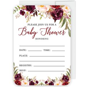 Andaz Press Fall Autumn Burgundy Maroon Floral Flowers Party, 5x7-inch Fill in The Blank Baby Shower Invitations with Envelopes, 24-Pack, Double Sided Printing, Includes Cards & Envelopes