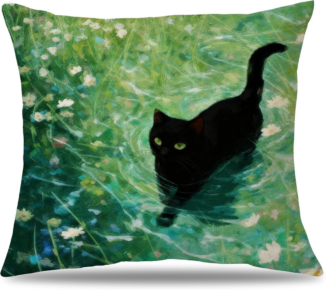 Black Cat in Floral Water Pillow Cover 18x18, Aesthetic Decor Pillow Cover, Charming Cats in Greenery Decor for Bedroom Living Room, Gift for Cat Lovers