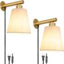 Gold Plug-in Wall Sconces Set of 2, Bedside Lamps With Fabric Linen Shade, Brass Gold Wall Sconce With Cord, Wall Decor Bedroom Lights for Living Room Hallway Porch