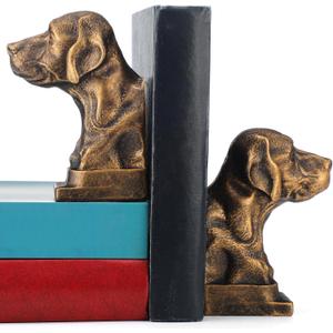 Sliner Decorative Bookends for Shelves, Dog Book Ends Antique Gold Labrador Retriever Statues Book Stopper for Home Office Desk Decor, 1 Pair