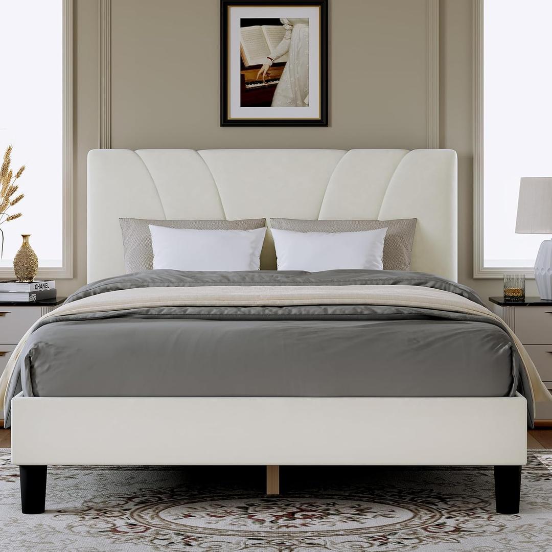 Novilla King Bed Frame and Headboard, King Bed Frame, Velvet Upholstered Bed Frames, No Box Spring Needed, Heavy Duty Feet, Easy Assembly, White Velvet