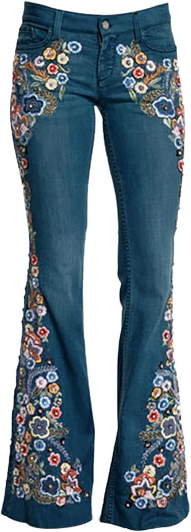 AULKEEP Women Embroidery Bell Bottom Jeans Slim Washed Floral Graphic Blue Jean Casual High Waist Pants (3XL)