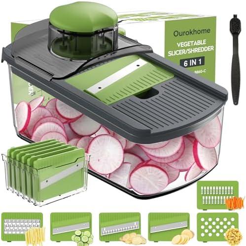 Ourokhome Mandolin Slicer for Kitchen Food, Hand Safe Vegetable Shredder with 6 Mandoline Blades, Veggie Waffle Cutter for Potato, Carrot, Zucchini, Onion, Essential Kitchen Gadgets (6 in 1, Gray) : Home & Kitchen