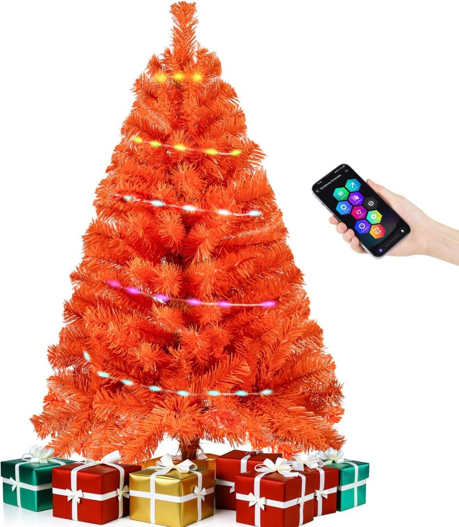 Orange 3ft Christmas Tree with Lights, Small 36inch Artificial Tree Mini Table Top Decorations, Xmas Desk Tree with 80 Colored Lights, 200 Branch, Holiday Decor for Home,Indoor Office Tabletop