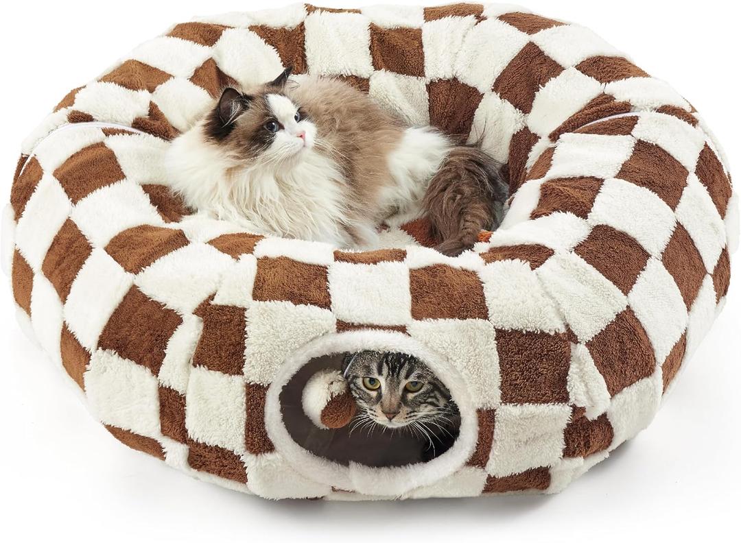 Lesure Cat Tunnel Bed for Indoor Cats - Cute Cat Donut Tunnel Toys with Washable Circle Cushion, Round Pet Peekaboo Cave Toy for Kitten/Puppy/Rabbit, Standard Brown