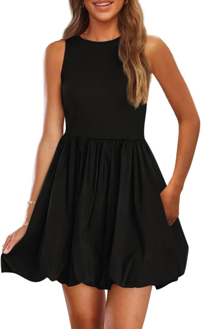 PRETTYGARDEN Summer Dresses for Women 2026 Casual Mini Short Cocktail Dress Sleeveless Tank Crew Neck Bubble Sundress Pockets (Large, Black)