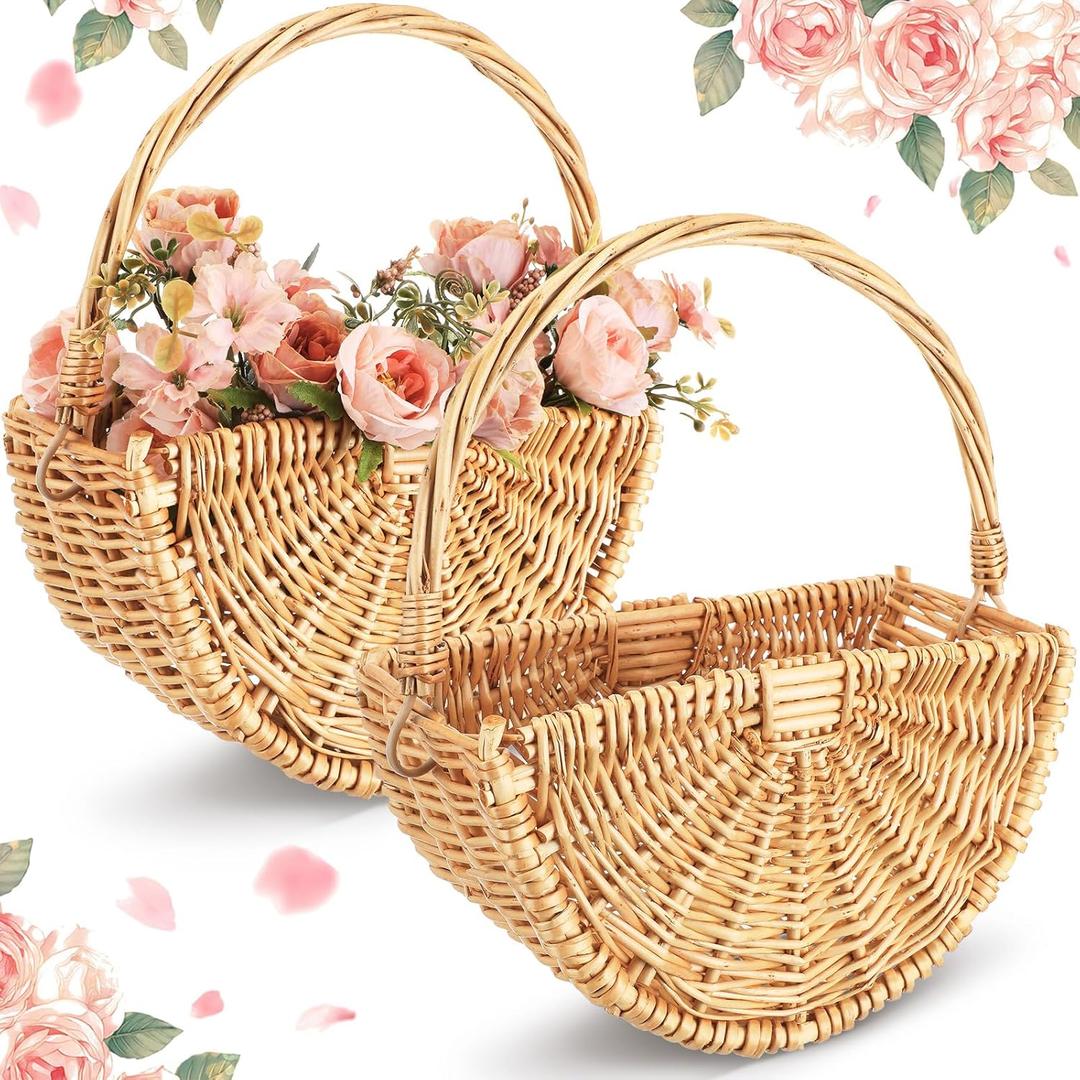 Willinglong 2 Pcs Flower Girl Baskets Half Moon Wicker Rattan Basket with Handle Willow Wedding Baskets for Wedding Picnic Home Decorations Garden Storage (Light Color)