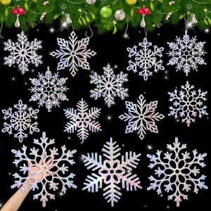 Fovths 12 Pieces Large lridescent Snowflake Ornaments 12 Inches Plastic Christmas Snowflakes Decorations Glittered Hanging Snowflakes for Christmas Tree Decorations Indoor Outdoor Window